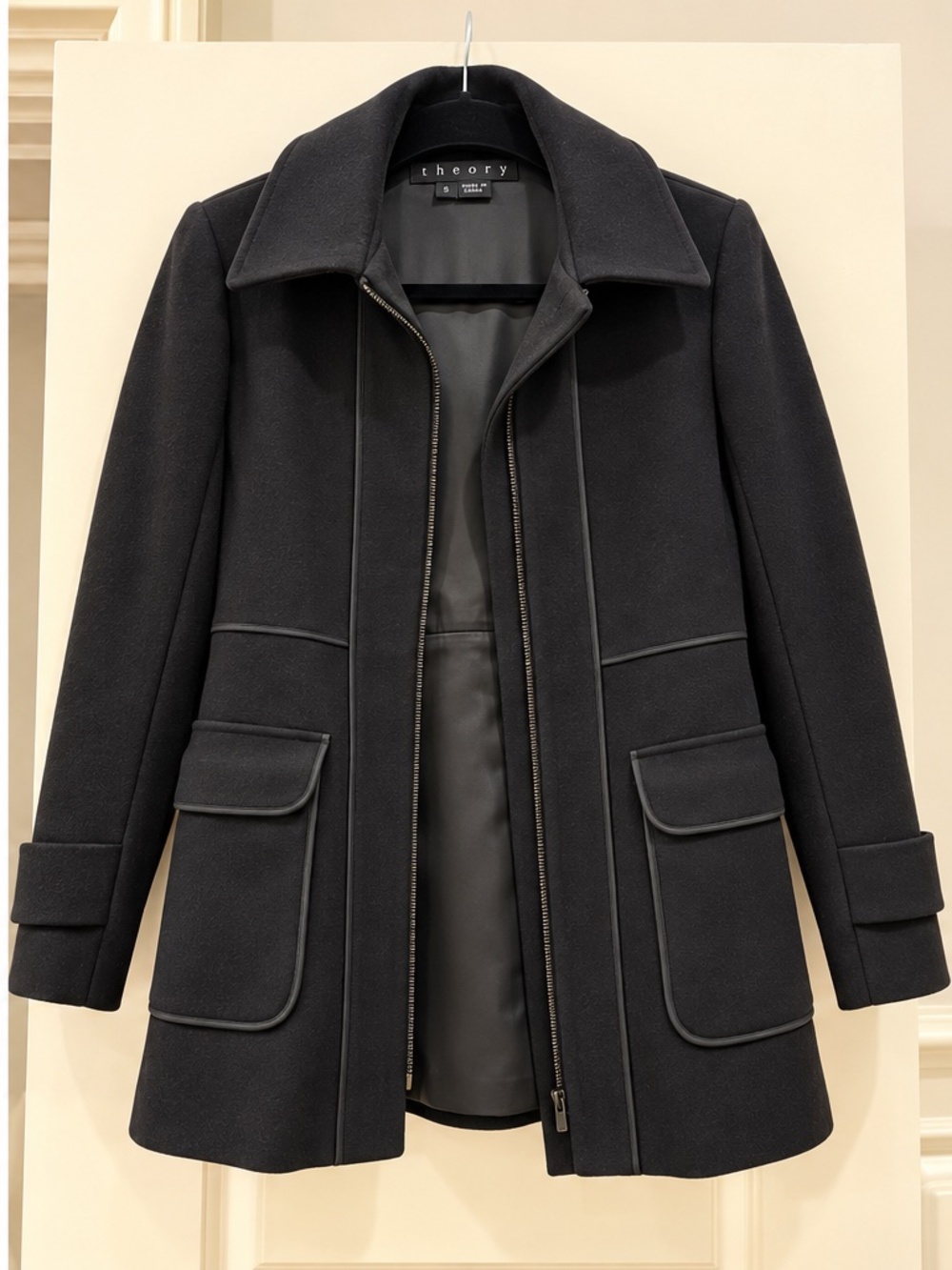 Theory Black Wool Blend Zip Front Flared Coat Jacket Size Small